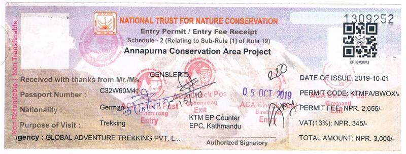 permit for annapurna circuit trek nepal