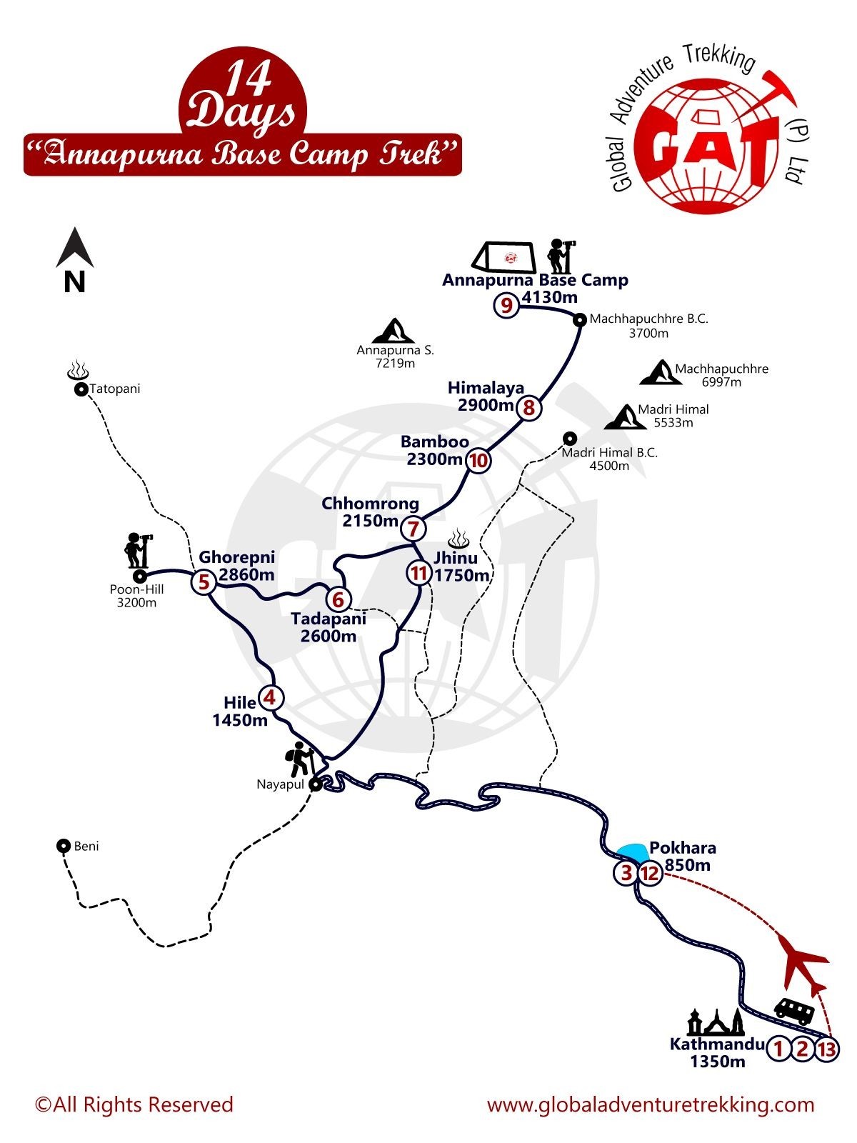 Annapurna Base Camp Trek Cost and Itinerary - 13 days map